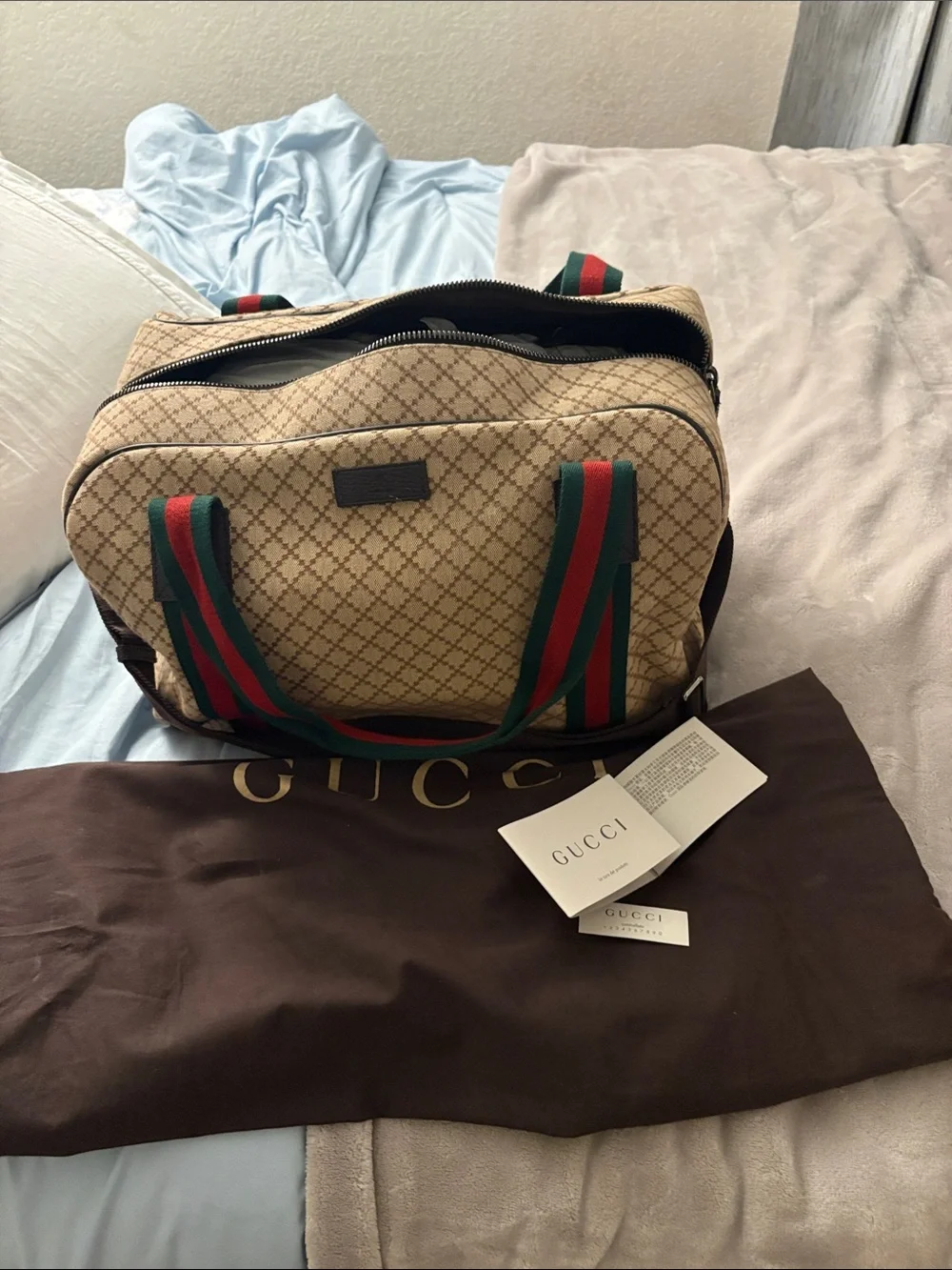 Vintage Gucci Beige Monogram Backpack with Green and Red Stripes